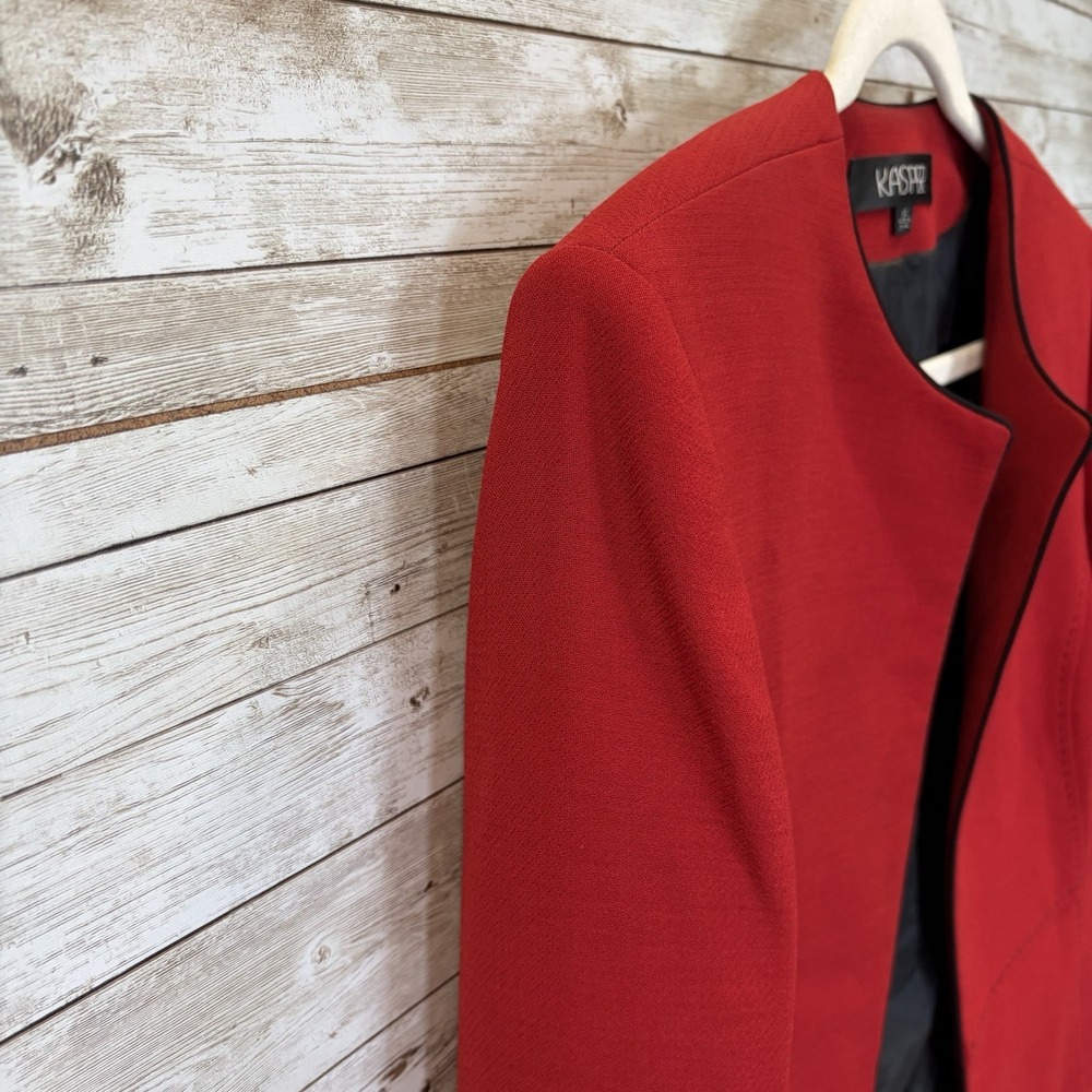Kasper Womens 14 Blazer Red Longline Jacket Black Pick Stitch Collarless Career - Picture 3 of 10